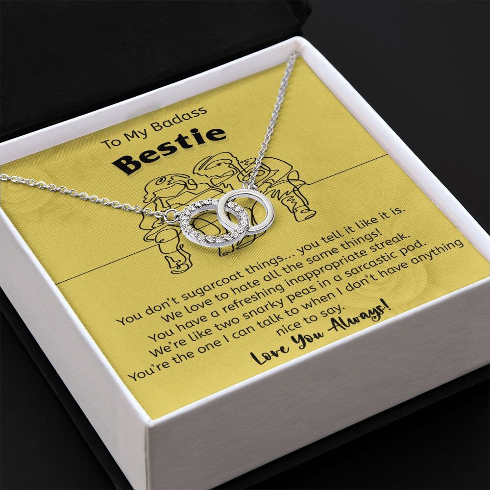 Best Friend Gift, Badass Bestie BFF Gift, 14K White Gold, Perfect Pair Pendant Jewelry with Message Card and Gift Box