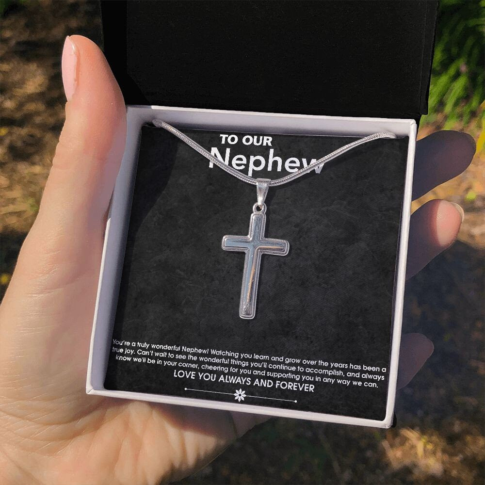 To Our Nephew Gift from Aunt and Uncle, Stainless Steel Cross, Nephew Birthday Graduation Christmas Necklace Gift