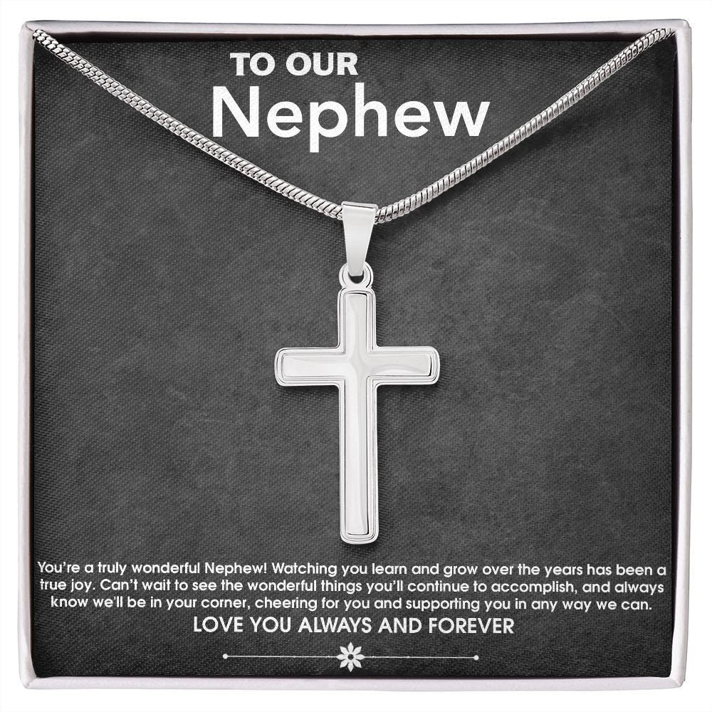 To Our Nephew Gift from Aunt and Uncle, Stainless Steel Cross, Nephew Birthday Graduation Christmas Necklace Gift