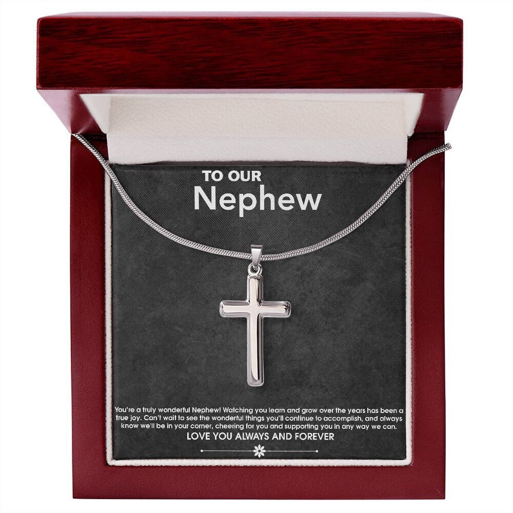 To Our Nephew Gift from Aunt and Uncle, Stainless Steel Cross, Nephew Birthday Graduation Christmas Necklace Gift