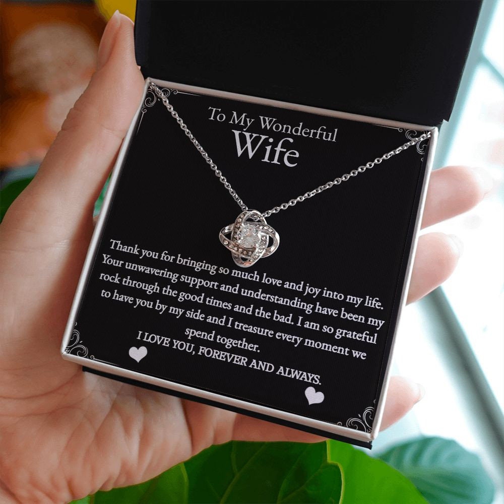 Wife Birthday Gift, Wife Valentine's Day Jewelry, White or Gold Love Knot Necklace, Wife Thoughtful Gift With Message Card