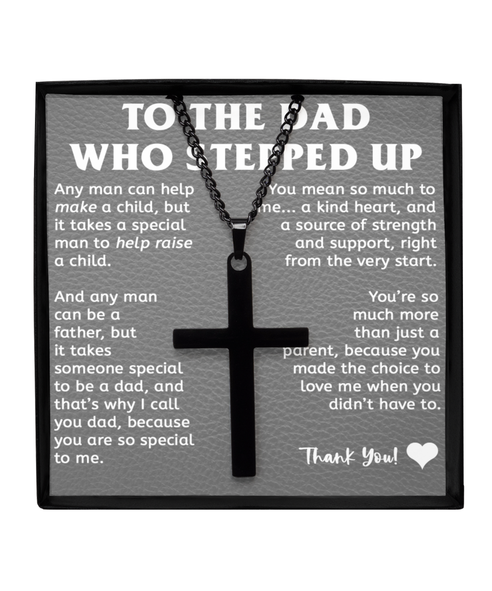 Stepfather Gift, Stepdad Gift, Brass Cross Necklace (Silver or Black) with Inspirational Message Card