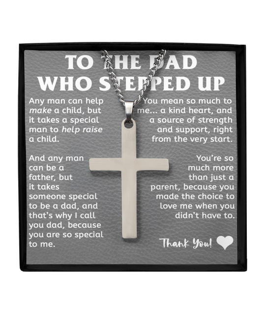 Stepfather Gift, Stepdad Gift, Brass Cross Necklace (Silver or Black) with Inspirational Message Card