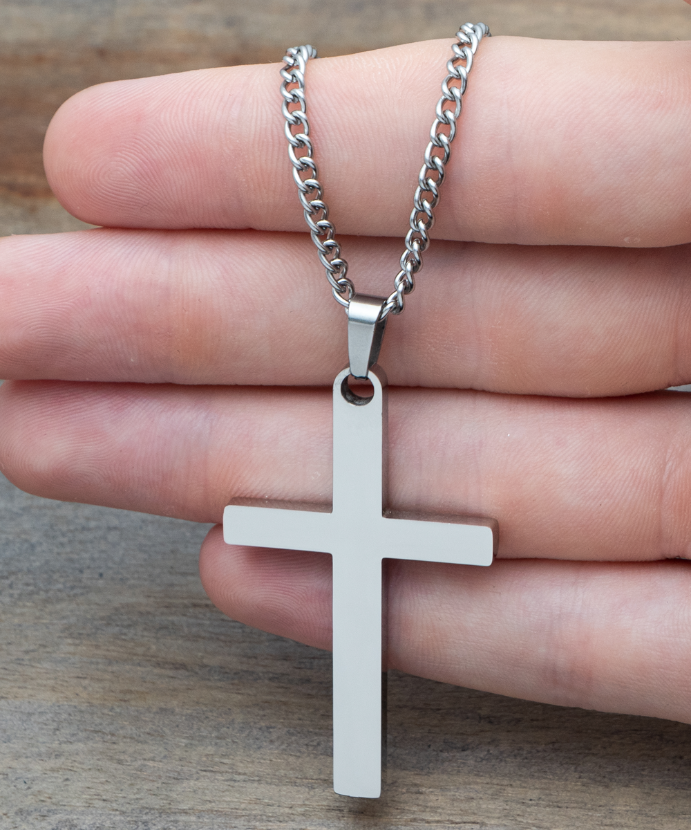 Stepfather Gift, Stepdad Gift, Brass Cross Necklace (Silver or Black) with Inspirational Message Card