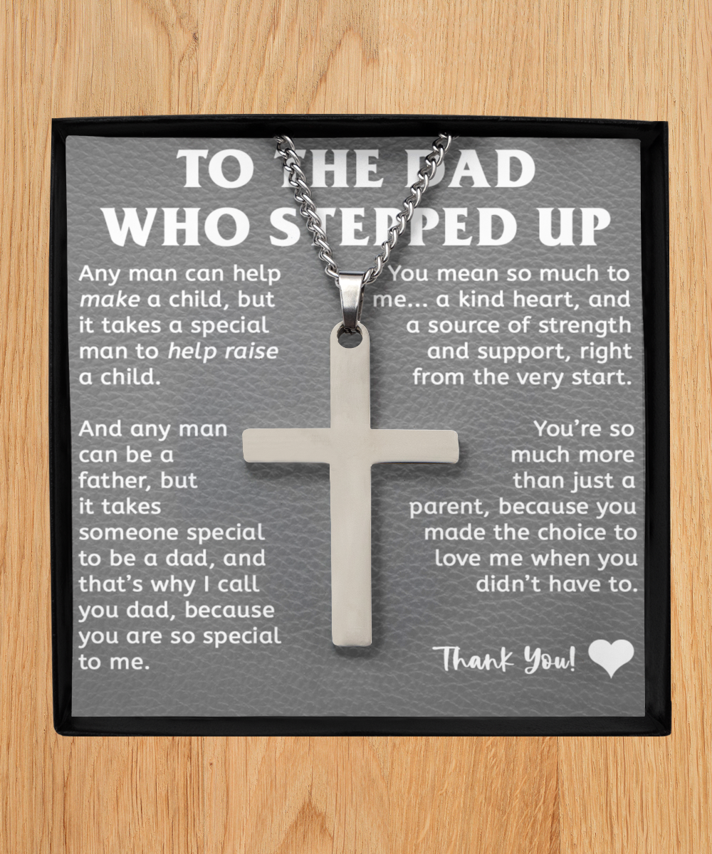 Stepfather Gift, Stepdad Gift, Brass Cross Necklace (Silver or Black) with Inspirational Message Card