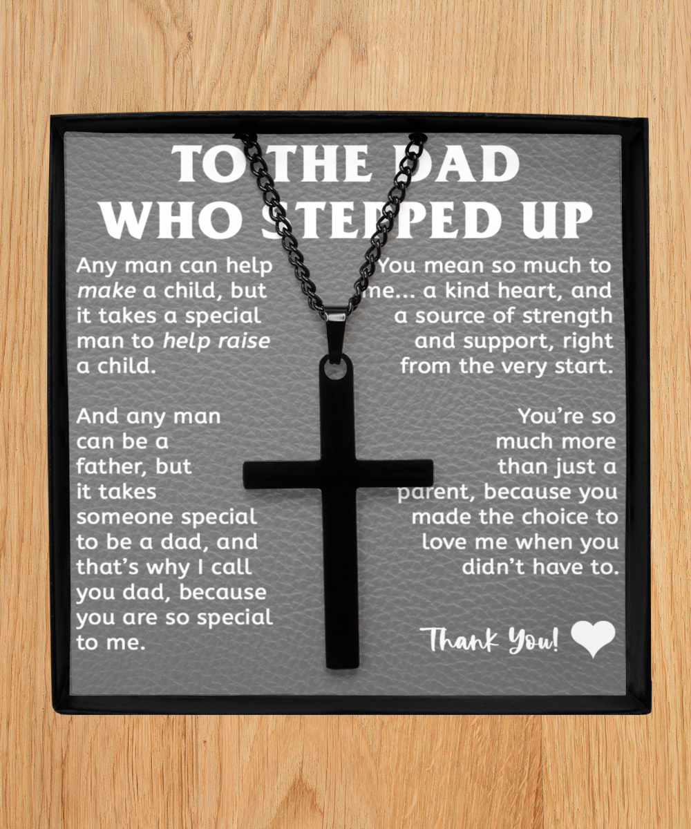 Stepfather Gift, Stepdad Gift, Brass Cross Necklace (Silver or Black) with Inspirational Message Card