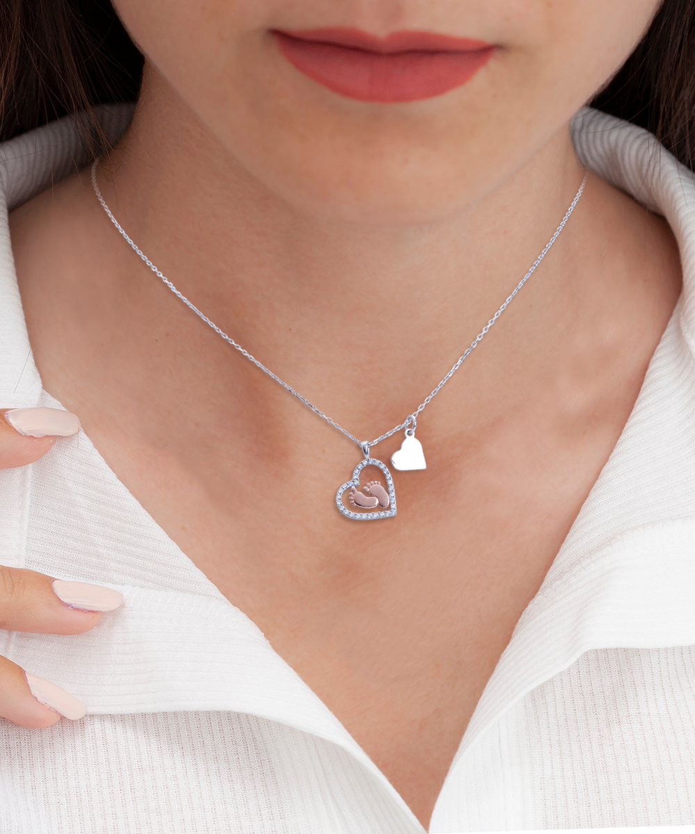 New or Expecting Mom Gift - Baby Feet Heart Necklace - 925 Sterling Silver