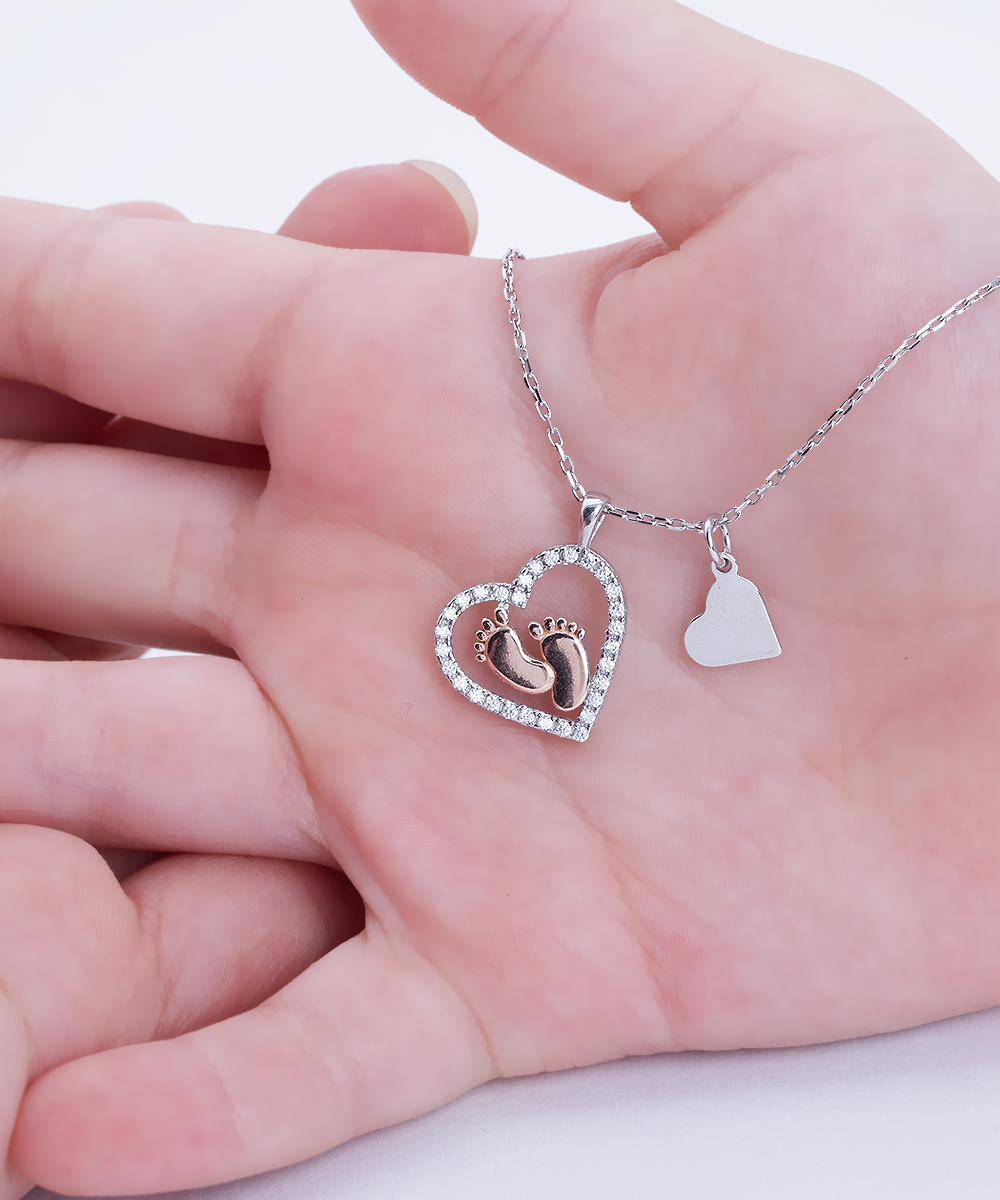 New or Expecting Mom Gift - Baby Feet Heart Necklace - 925 Sterling Silver