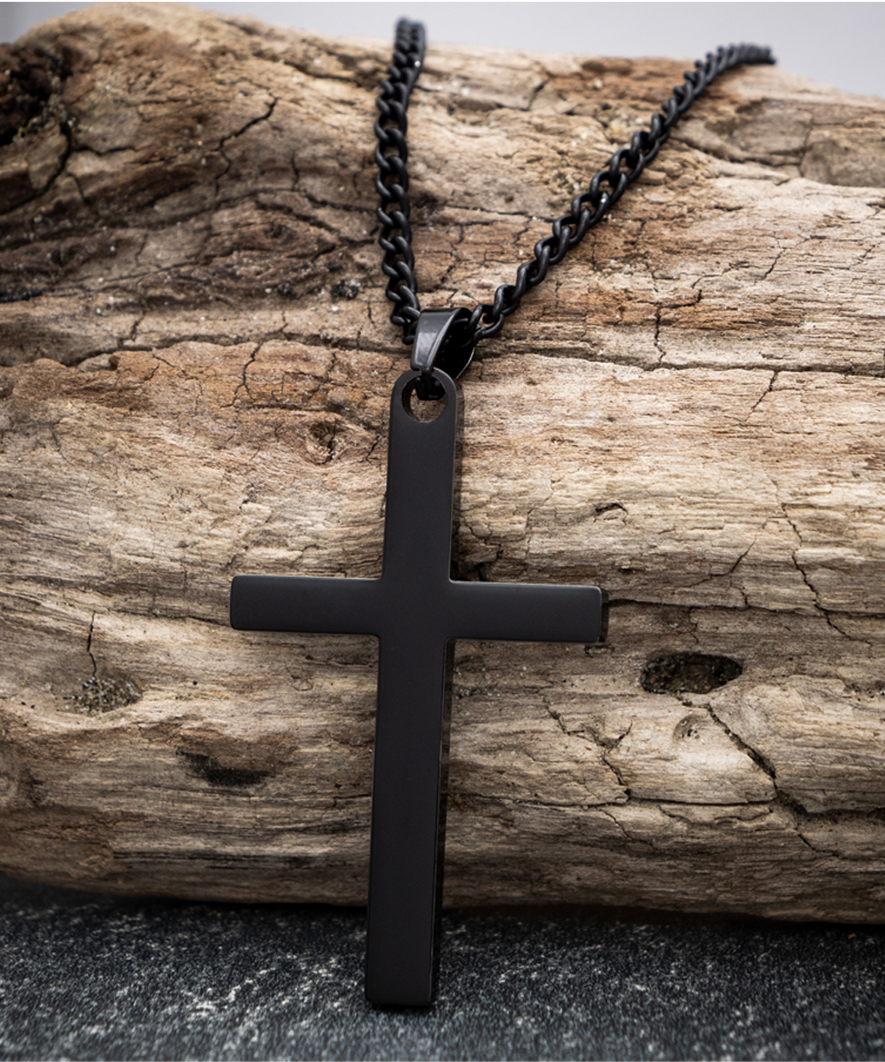 Stepfather Gift, Stepdad Gift, Brass Cross Necklace (Silver or Black) with Inspirational Message Card