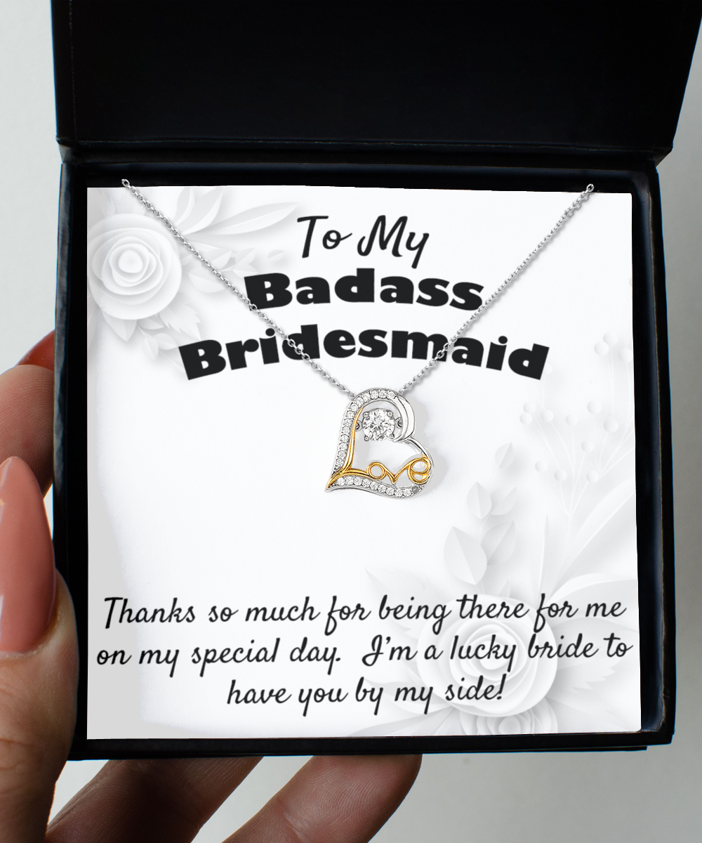 To My Badass Bridesmaid Gift, Dancing Love Necklace, 925 Sterling Silver, Pendant Jewelry with Message Card and Gift Box