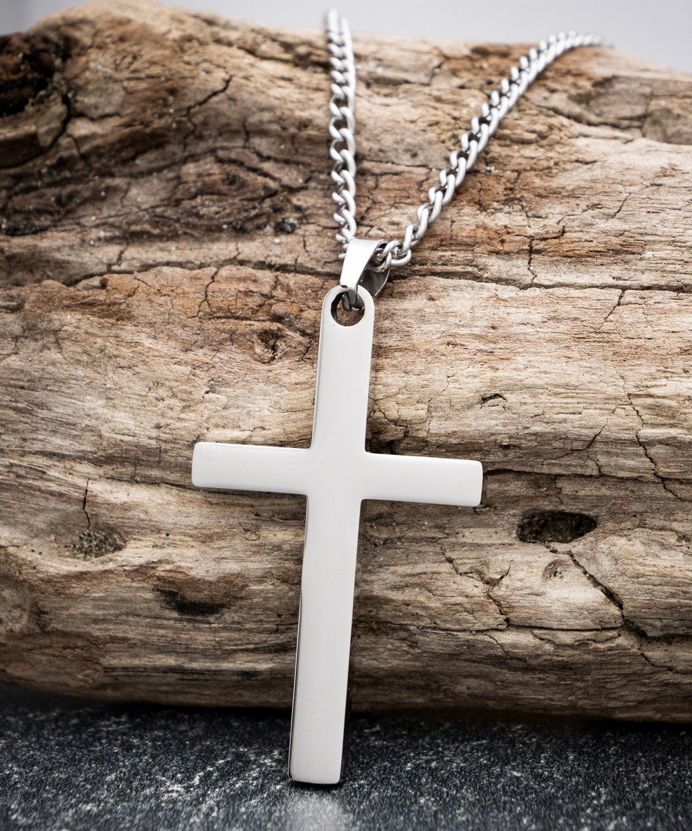 Stepfather Gift, Stepdad Gift, Brass Cross Necklace (Silver or Black) with Inspirational Message Card