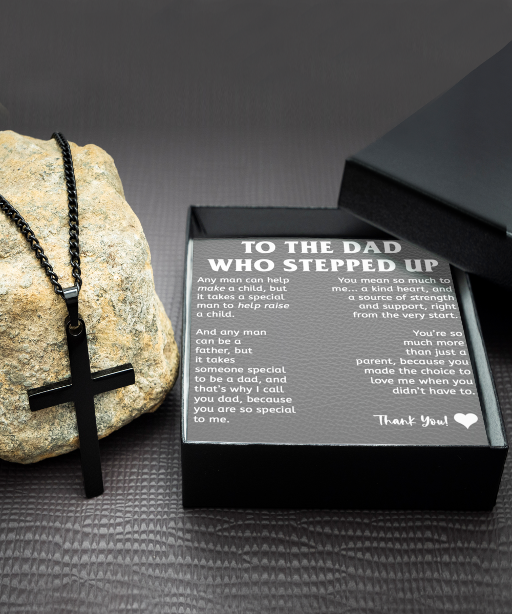 Stepfather Gift, Stepdad Gift, Brass Cross Necklace (Silver or Black) with Inspirational Message Card