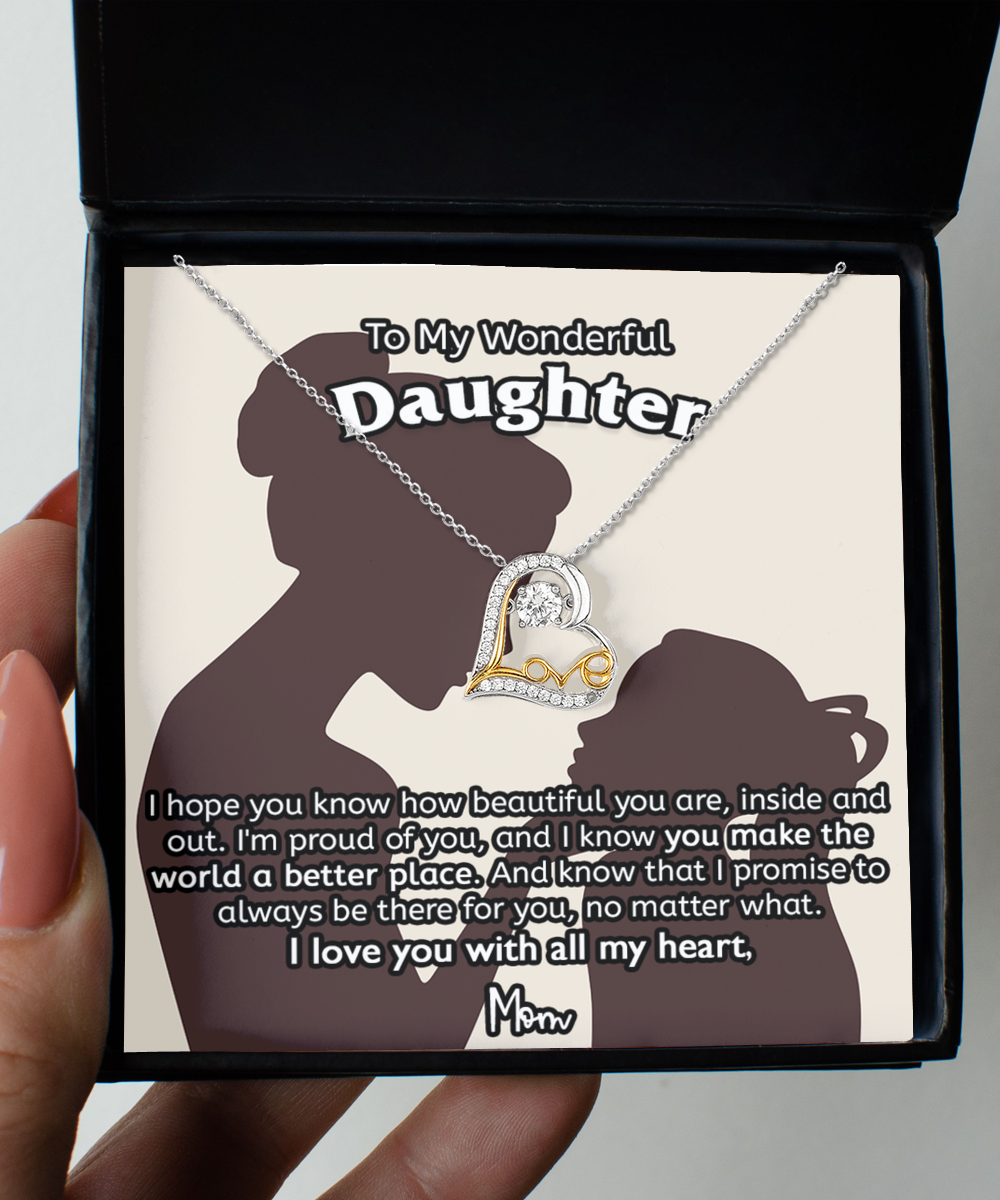 Gift For Daughter From Mom, Love Heart Necklace, 925 Sterling Silver and Gold, Pendant Jewelry with Message Card and Gift Box