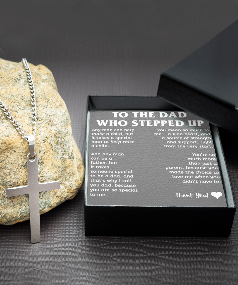 Stepfather Gift, Stepdad Gift, Brass Cross Necklace (Silver or Black) with Inspirational Message Card